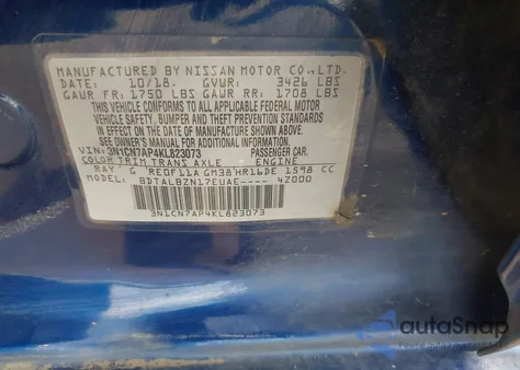 2019 Nissan Versa 1.6 S/1.6 S+/1.6 Sv z USA, uszkodzony, nr VIN 3N1CN7AP4KLH23073